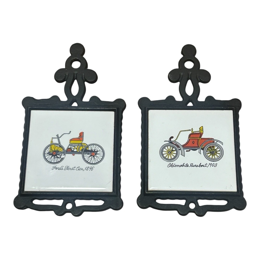Vintage Homco Taiwan Cast Iron & Ceramic Tile Antique Car Trivets Set Of 2
